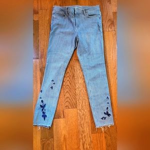 Old Navy Pin Striped Blue Jeans with Embroidery and frayed ankles. Size 10.